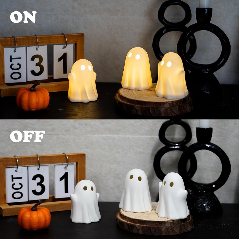 NEROSUN 3 Pack Cute Ghost Light Up Halloween Decor, LED White Ceramic Spooky Flameless Lanterns Decorative Light Fall Halloween Party Decoration for Home Bedroom Room Table Shelf - Image 2